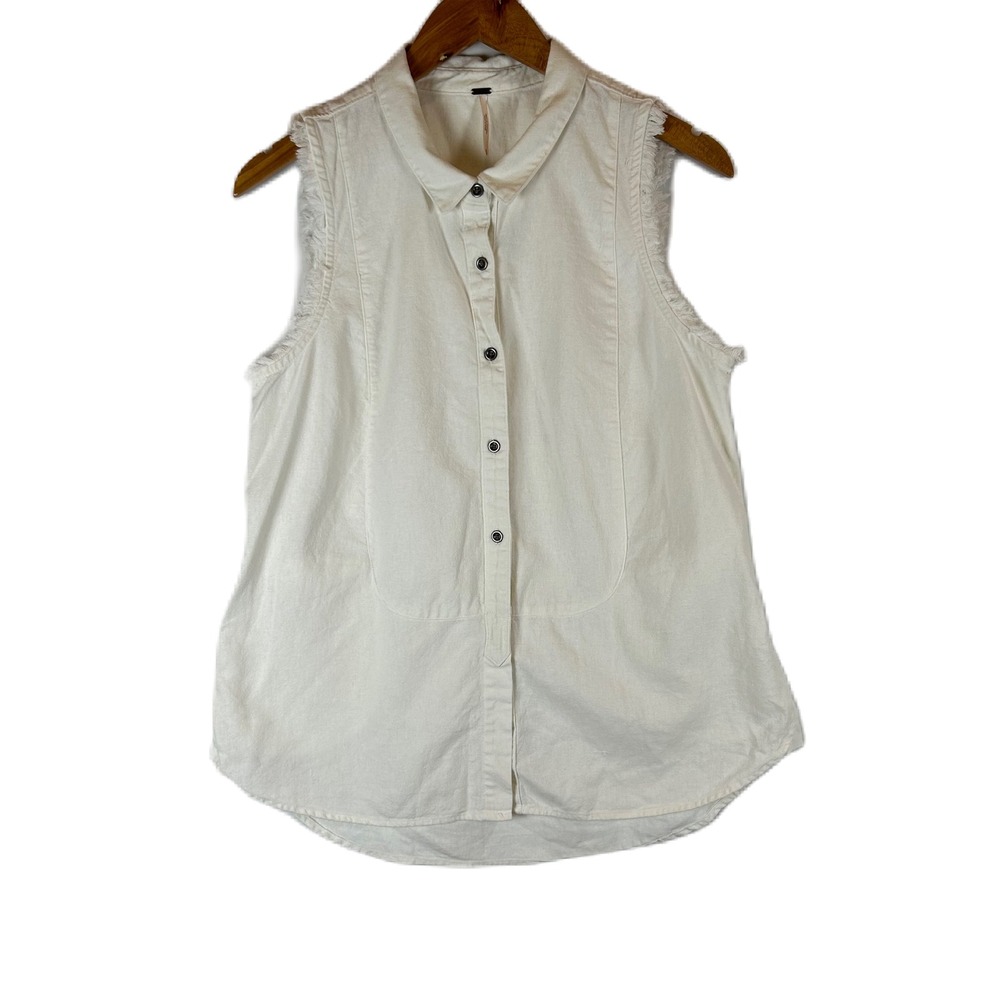 Free People White Sleeveless Button Down Shirt Top Frayed Edges Boho‎ S